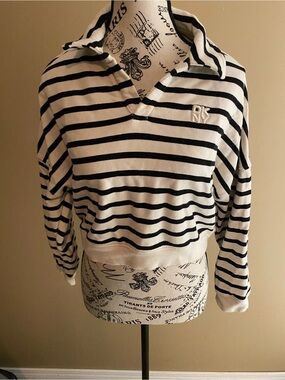 DKNY Black and White Striped Cropped Polo Sweater